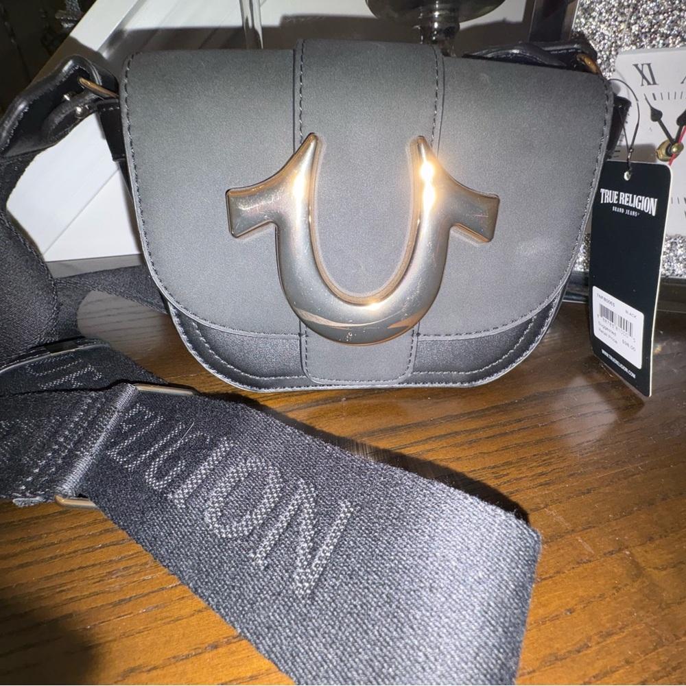 True Religion Charcoal Crossbody Bag with Gold logo